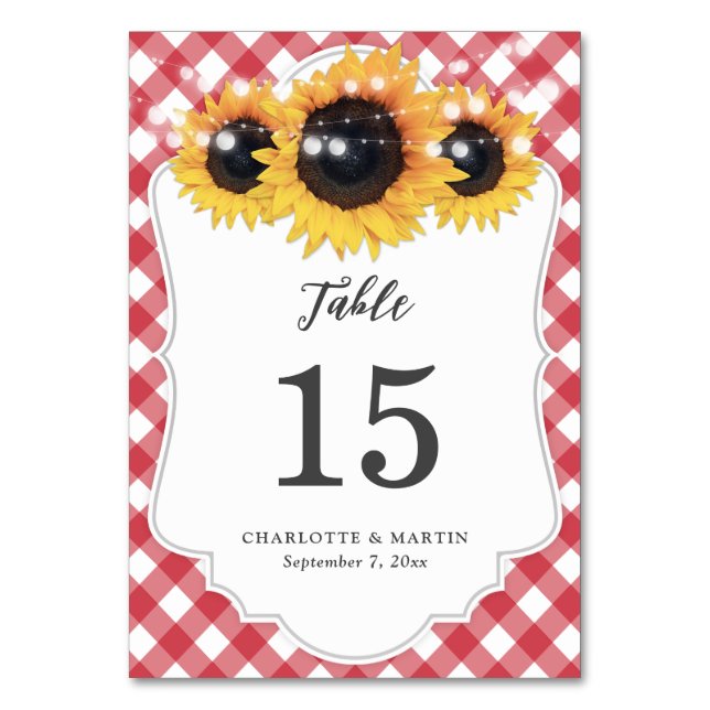 Red Gingham Sunflower Wedding Tischnummer Card (Vorderseite)