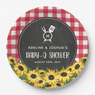 Red Gingham Sunflowers Chalkboard Baby-Q Dusche Pappteller