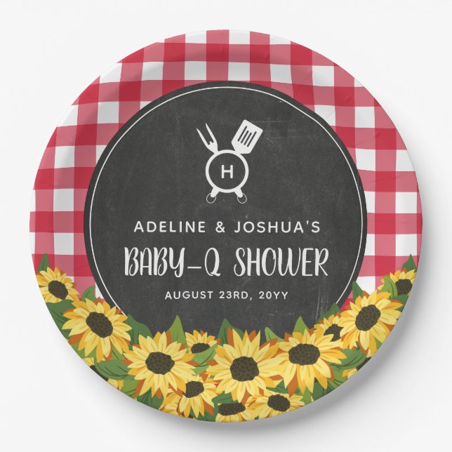 Red Gingham Sunflowers Chalkboard Baby-Q Dusche Pappteller (Vorderseite)