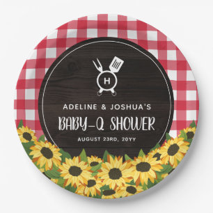 Red Gingham & Sunflowers Rustic Baby-Q Dusche Pappteller