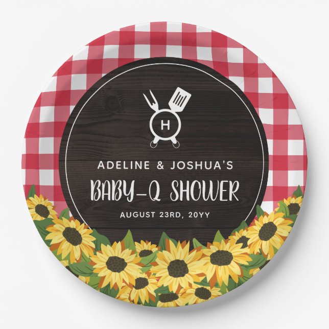 Red Gingham & Sunflowers Rustic Baby-Q Dusche Pappteller (Vorderseite)
