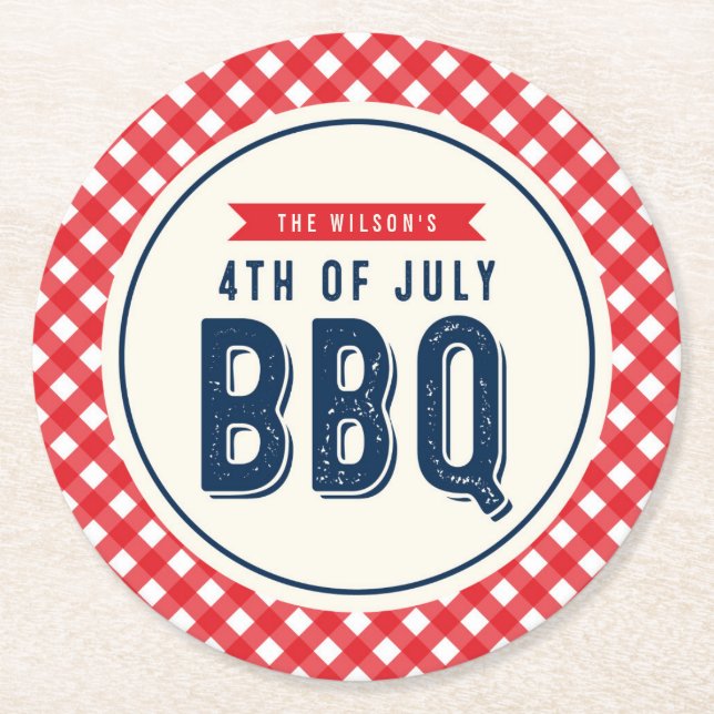 Red Gingham und Blue Amerikanische Unabhängigkeits Runder Pappuntersetzer (Vorderseite)
