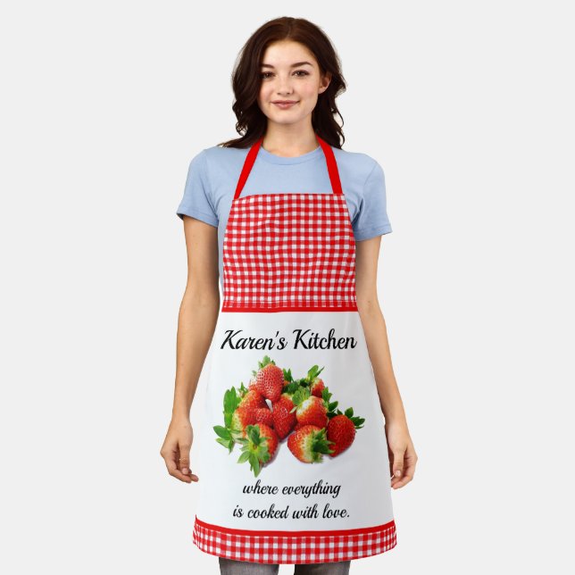 Red Gingham und Strawberries Personalisiert Schürze (Getragen)