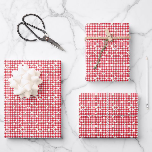 Red Gingham with Little White Daisies Geschenkpapier Set (Vorderseite)