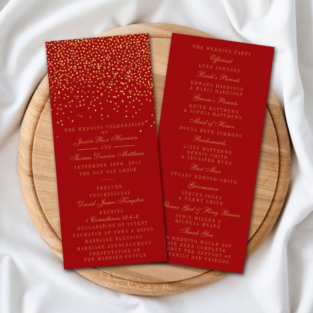 Red & Glam Gold Confetti Wedding Program Werbekarte (Von Creator hochgeladen)