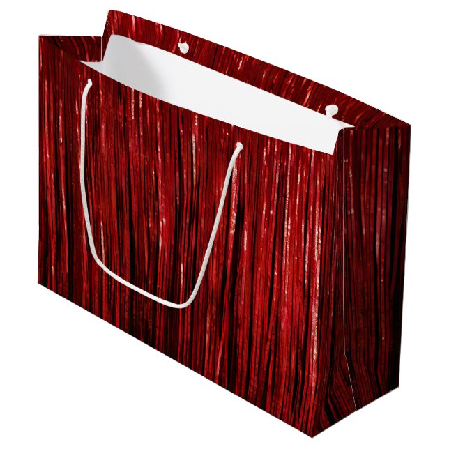 Red Glam Tinsel Stripes Große Geschenktüte (Vorderseite Schrägansicht)