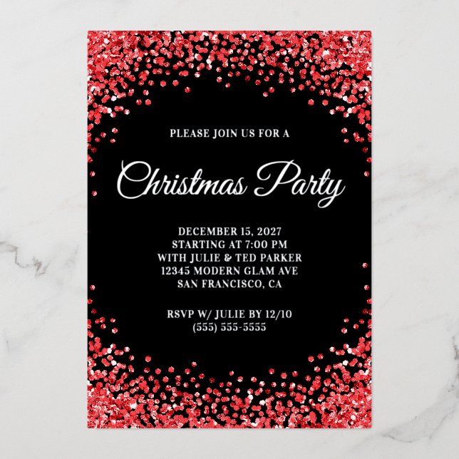 Red Glitter Border Black Christmas Party Folieneinladung (Vorderseite)