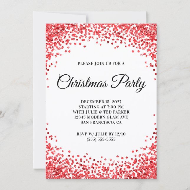 Red Glitter Border White Christmas Party Einladung (Vorderseite)