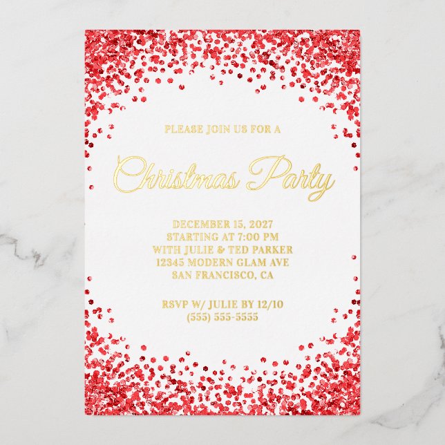Red Glitter Border White Christmas Party Folieneinladung (Vorderseite)