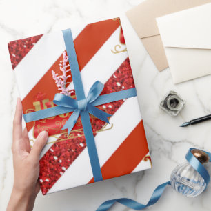 Red Glitter White Striped Christmas Sleigh Geschenkpapier