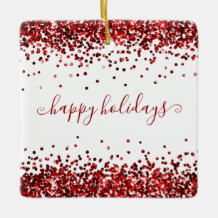 Red Glitzer Borders Happy Holidays Keramik Ornamen Keramikornament