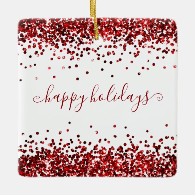Red Glitzer Borders Happy Holidays Keramik Ornamen Keramikornament (Vorderseite)