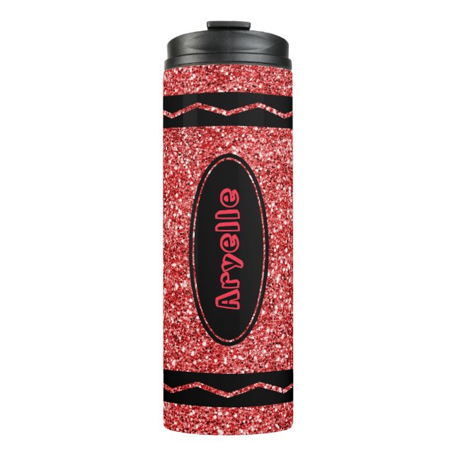 Red Glitzer Crayon Individuelle Name Hot Drink Tum Thermosbecher (Vorderseite)