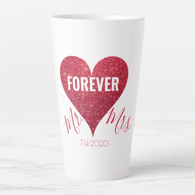 Red Glitzer Heart Mr. and Mrs Large Latte Tasse (Vorderseite)