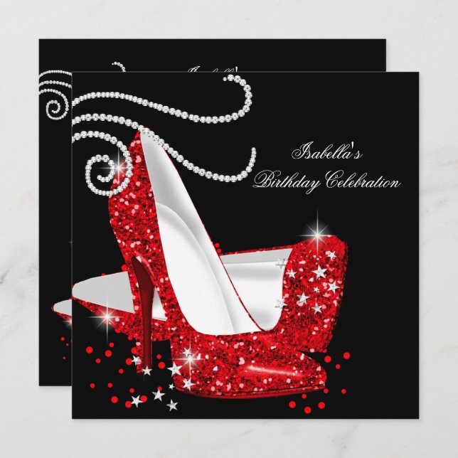 Red Glitzer High Heels Black Birthday Party Einladung (Vorne/Hinten)