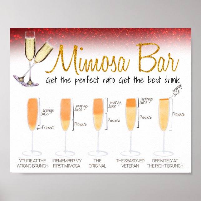 Red Glitzer Mimosa Bar Bridal Brunch Zeichen Poster (Vorne)