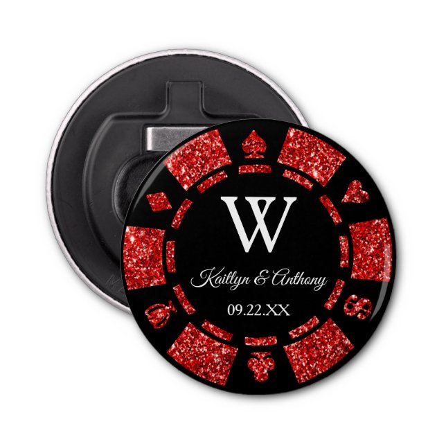 Red Glitzer Poker Chip Casino Hochzeitsfeier Gefal Flaschenöffner (Vorderseite)