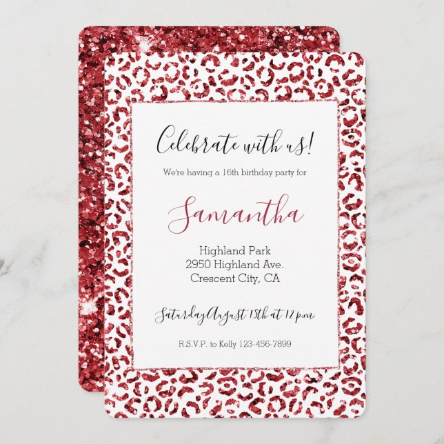 Red Glitzer Sparkle Leopard Print Einladung (Vorne/Hinten)