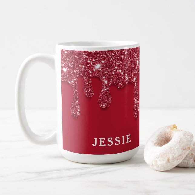 Red Glitzer Tropfen Individuelle Name Kaffeetasse (Mit Donut)