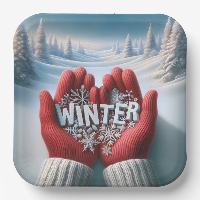 Red Gloves With Winter Text Pappteller (Vorderseite)