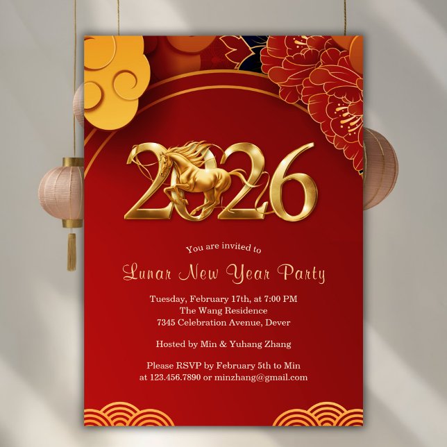 Red Gold 2026 Horse Chinese Lunar New Year Party Einladung (Red Gold 2026 Horse Chinese Lunar New Year Party Invitation)