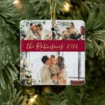Red Gold 3 Family Foto Collage Weihnachten Keramikornament<br><div class="desc">Modern Simple Elegant Calligraphy Red und Gold 3 Family Foto Collage Frohe Weihnachts-Script Keramik Ornament. Dieses festliche, minimalistische, skurrile Drei-Foto-Urlaubsornament verfügt über eine hübsche Gitter-Foto-Collage und Familienname und Jahr. Der Familienname wird in einem handgeschriebenen Wirblen Schriftart-Skript in Gold auf rotem Hintergrund geschrieben. Auf der Rückseite ein Foto mit Familienname. Hübscher...</div>