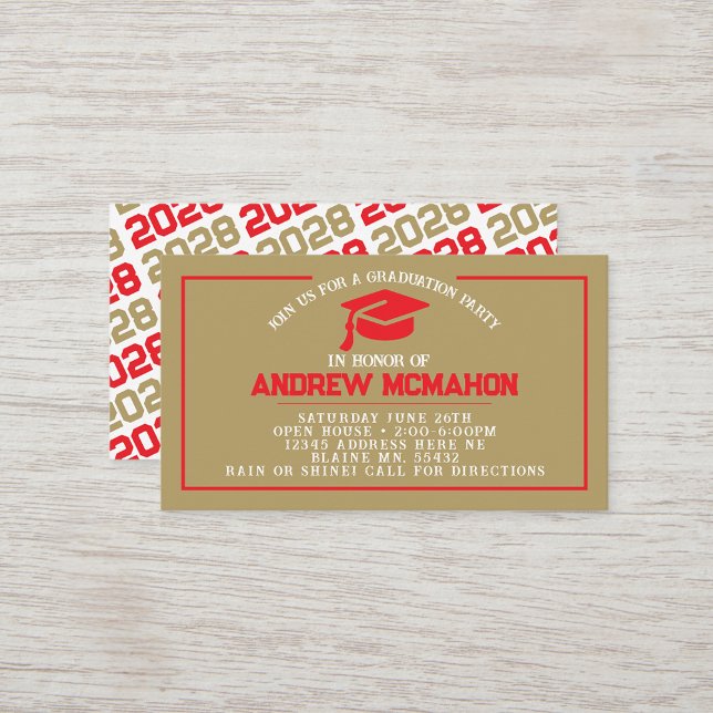 Red & Gold Abschluss Mini Abschluss Einladungen (Gold and Red Mini Graduation Invitations for friends, classmates, teammates or announcement inserts)