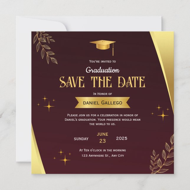 Red Gold Abschluss Save the Date Card (Vorderseite)