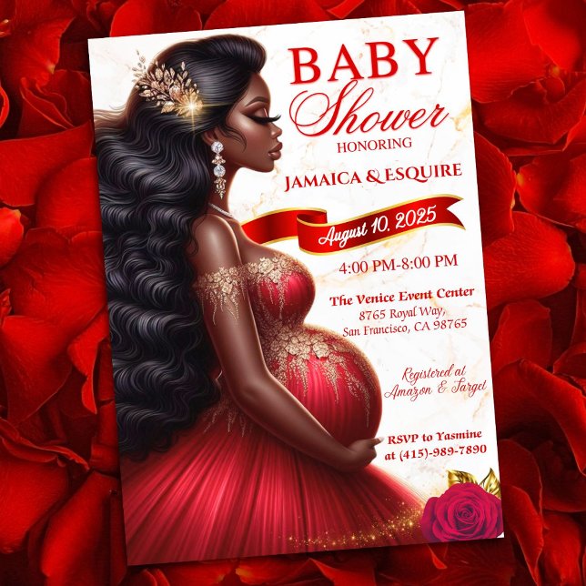 Red & Gold African Mama-to-Be Elegant Baby Shower Einladung (Luxurious Red & Gold Baby Shower Invitation for Expecting Queen. Ethnic Mom-to-Be)