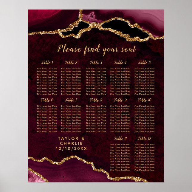 Red Gold Agate Wedding Seating Chart 12 Table Poster (Vorne)