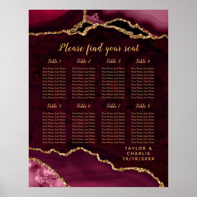 Red Gold Agate Wedding Seating Chart 8 Table Poster (Vorne)