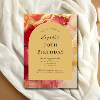 Red Gold Alkohol Tinte Arch 70. Geburtstag für sie Einladung