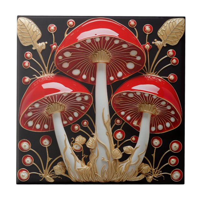 Red Gold Amanita Muscaria Mushroom 3D-Effekt Fliese (Vorderseite)