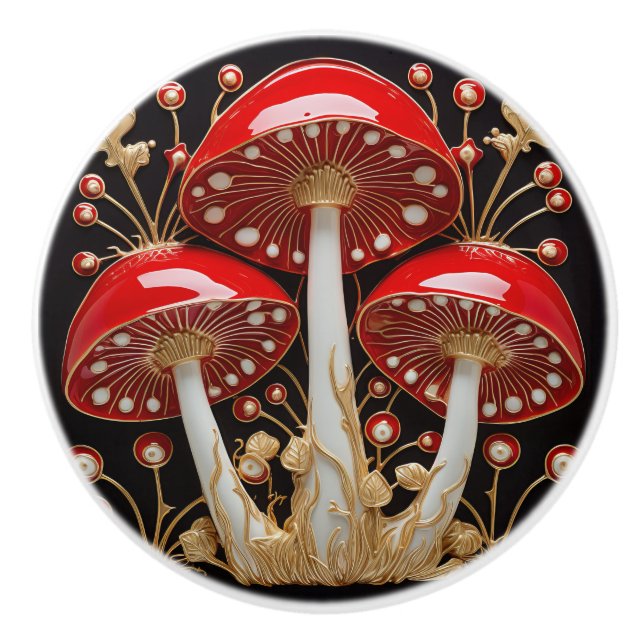 Red Gold Amanita Muscaria Mushroom 3D-Effekt Keramikknauf (Vorderseite)