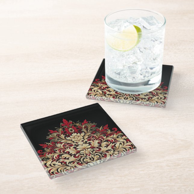 Red Gold and Black Damask  Glasuntersetzer (Schrägansicht)