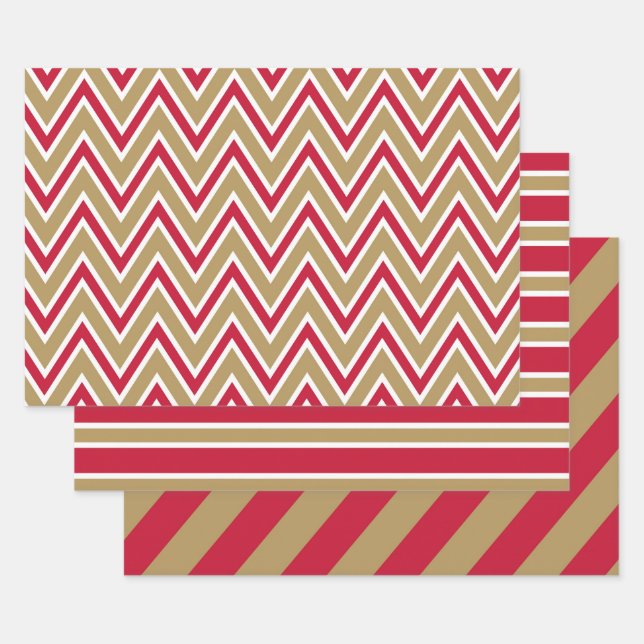 Red, Gold, and White Chevron & Stripe Patterns Geschenkpapier Set (Set)