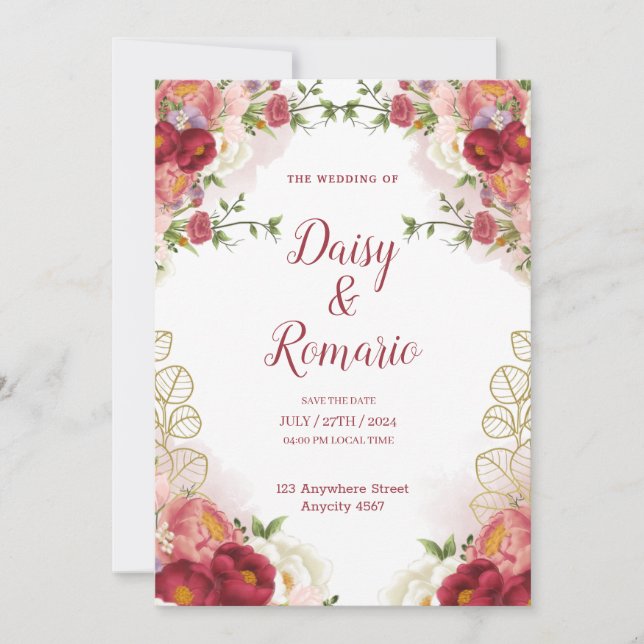 Red Gold Aquarell Blütenfarbe Save the Date Einladung (Vorderseite)