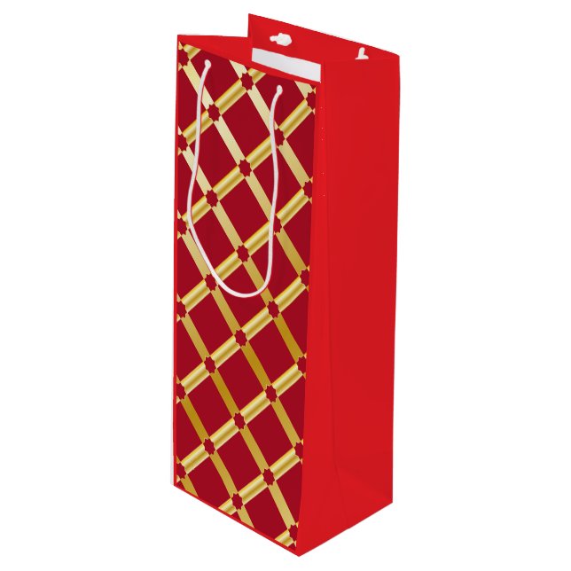Red & Gold Arabesque Weinbeutel Geschenktüte Für Weinflaschen (Vorderseite Schrägansicht)