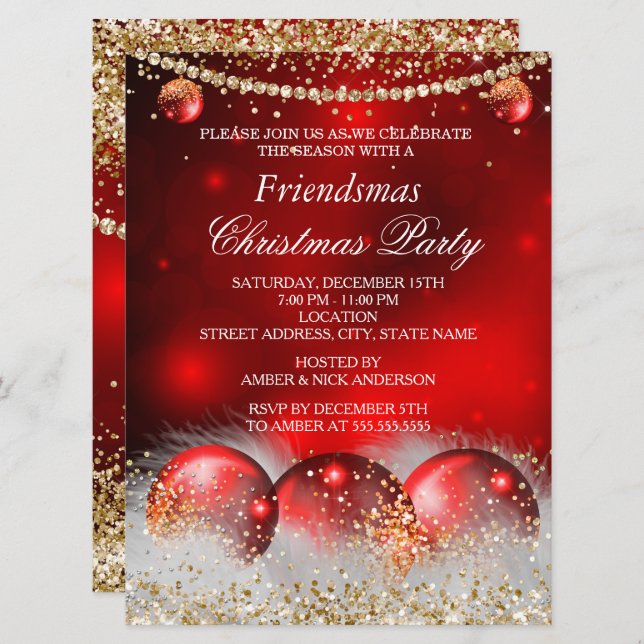 Red Gold Baubles Friendsmas Christmas Party Einladung (Vorne/Hinten)