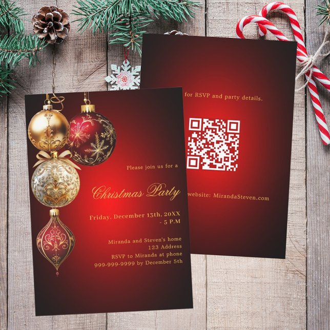 Red gold baubles QR Code Weihnachtszeit Party Einladung (Von Creator hochgeladen)