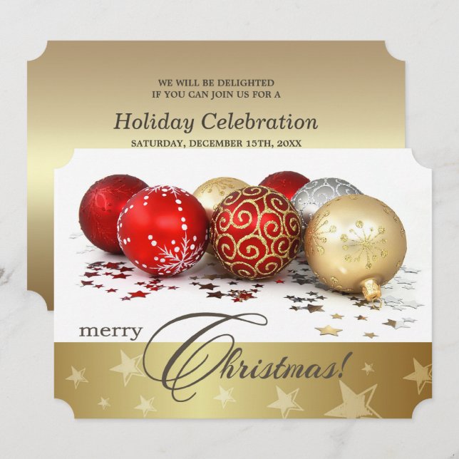 Red Gold Baubles Weihnachts-Party Einladung (Vorne/Hinten)
