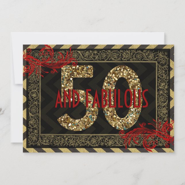 Red Gold & Black Art Deco 50. Geburtstag Einladung (Vorderseite)