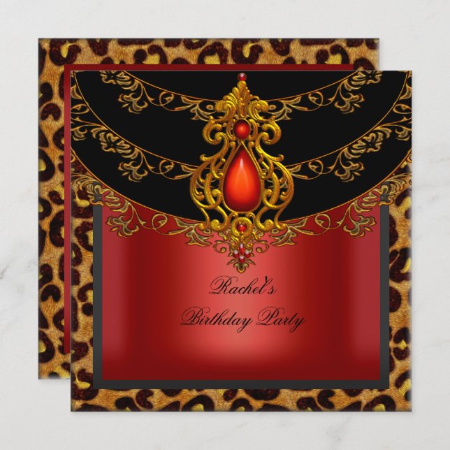 Red Gold Black Birthday Party Leopard Einladung (Vorne/Hinten)