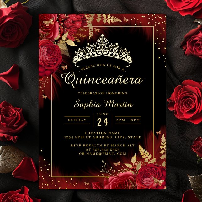 Red Gold Black Butterfly Floral Quinceanera Folieneinladung (Von Creator hochgeladen)