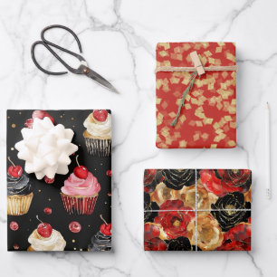 Red Gold Black Cupcakes Cherry Floral Geburtstag Geschenkpapier Set