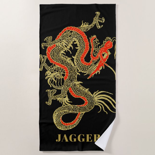 Red Gold Black Fantasy Chinese Dragon Monogram Strandtuch (Vorderseite)