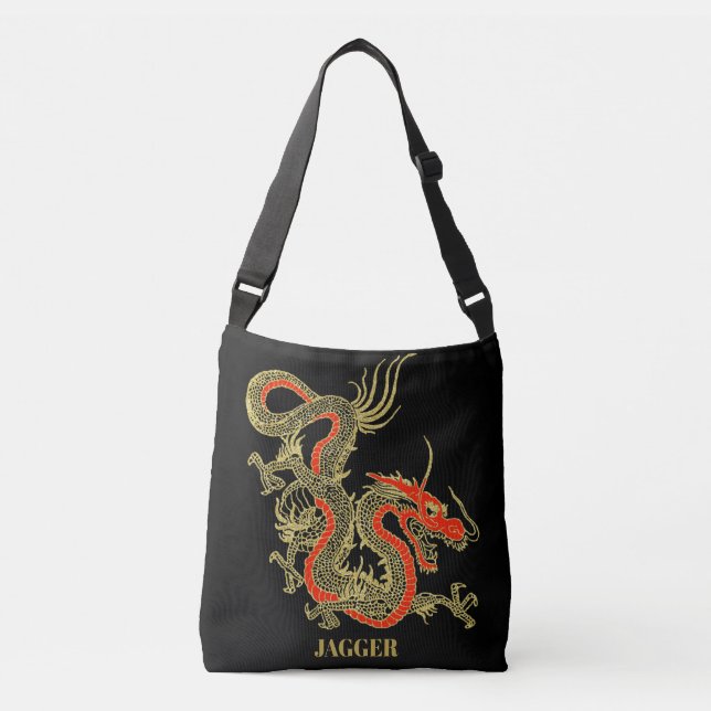 Red Gold Black Fantasy Chinese Dragon Tragetaschen Mit Langen Trägern (Vorderseite)