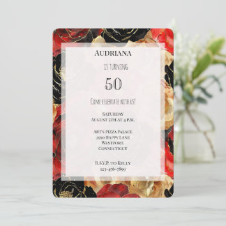 Red Gold Black Floral 50. Geburtstag Einladung