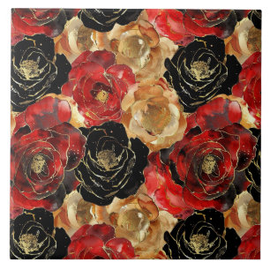 Red Gold Black Floral Fliese