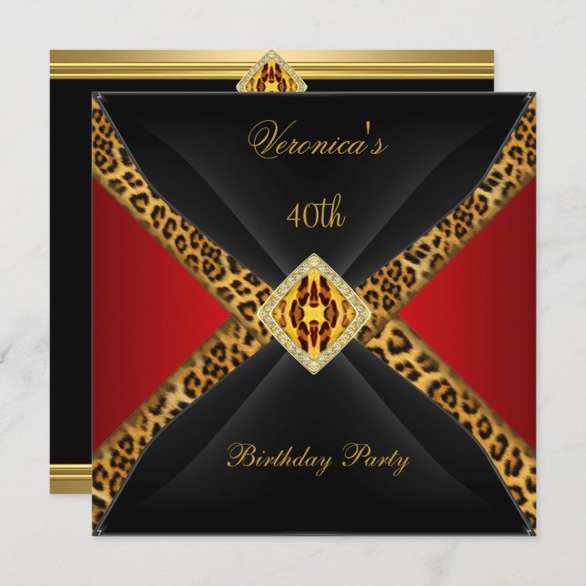 Red Gold Black Leopard Jewel 40. Geburtstag Einladung (Vorne/Hinten)
